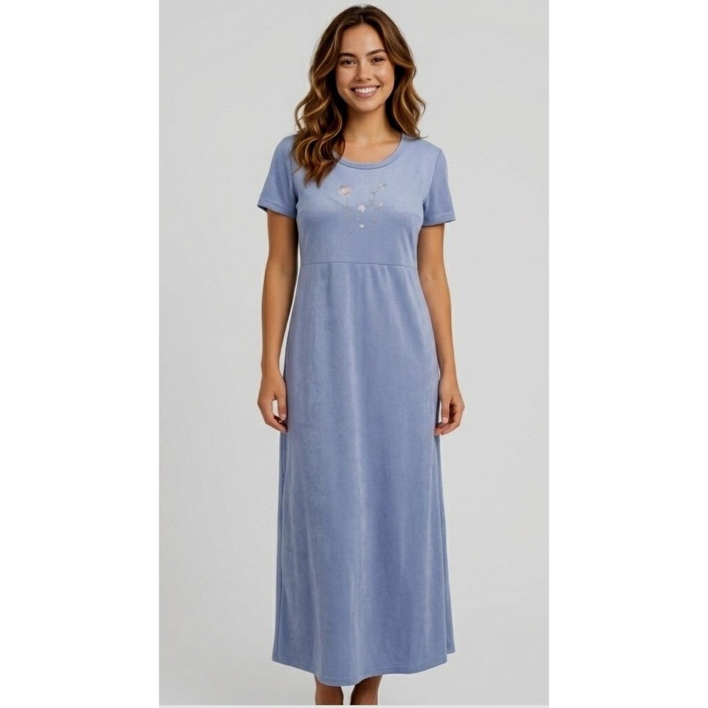 Vintage Teddi Dress Womens 6 Blue Sueded Floral Embroidered Maxi 90s Made in USA